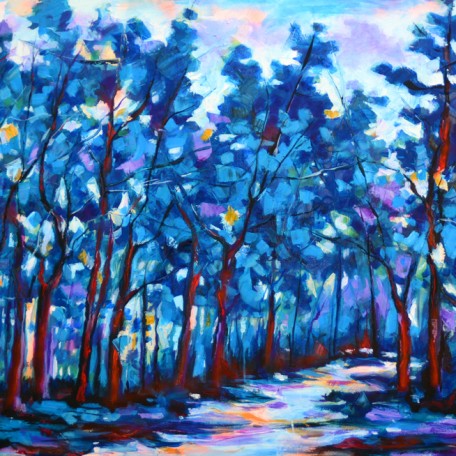 SOLD – Blue Forest with Path, oil on canvas, 58x38in
